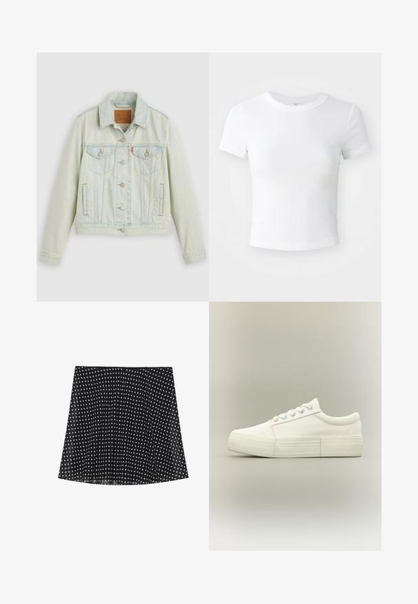 Veste en denim bleu clair au design classique, avec poches poitrine, boutons en métal et étiquette Levi's. Texture douce, coupe structurée.; T-shirt courte à manches courtes, blanche, avec un col rond, présentée sur un fond neutre et lumineux.; Jupe noire à pois blancs, avec des plis et une texture lisse. Elle a un ourlet arrondi et un design de ceinture simple.; Baskets basses blanches avec semelle épaisse, œillets métalliques et lacets, montrées de profil sur un fond clair uni.