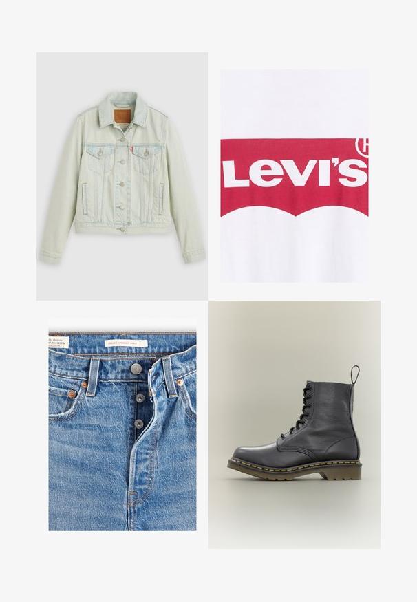 Vaaleansininen farkkutakki klassisella designilla, jossa on rintataskut, metalliset napit ja Levi'sin merkki. Pehmeä rakenne, ryhdikäs istuvuus.; Valkoinen puuvillapaita punaisella graafisella suunnittelulla, jossa on teksti "Levi's" ja kaareva logo ylhäällä, valmistettu paksuista, kontrastiväreistä kirjaimista.; Vaaleansiniset farkut, joissa on suora nilkkaleikkaus. Mukana viisi taskua, kaksi metallipainiketta ja näkyvää oranssia ommelta. Tunnuksia on läsnä.; Musta nahkainen taistelusaapas, jossa on 8 nyöri-reikää, kumipohja, keltaiset saumat ja vetolenkin takaosassa. Yläosa on kuvioitu.