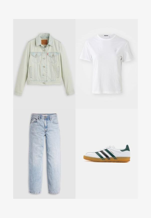 Lyseblå denimjakke med klassisk design, der har brystlommer, metalknapper og et Levi's-mærke. Blød tekstur, struktureret pasform.; Hvid T-shirt med korte ærmer lavet af blødt stof. Har en rund halsudskæring og en lige pasform, med en label på den indre krave.; Lyseblå denimjeans med høj talje, afslappet pasform, lige ben og et klassisk design med fem lommer. Synlige falmede detaljer og syninger.; Hvide lædersneakers med grønne og sorte striber; gummisål; tekstureret tåboks; guld "Gazelle" branding på siden.