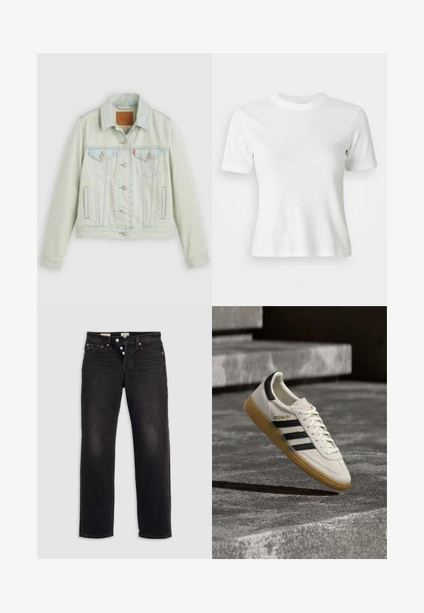Lyseblå denimjakke med klassisk design, der har brystlommer, metalknapper og et Levi's-mærke. Blød tekstur, struktureret pasform.; Hvid ribbet kortærmet T-shirt med rund halsudskæring og et lille logo på brystet. Lavet af blødt stof med en tætsiddende pasform.; Sorte denim jeans med lige ben, der har fem lommer, kobbernitter og knaplukning. Blød tekstur med discrete falmede detaljer.; Hvid Adidas Spezial sneaker med sorte striber og gummisål, svævende over grå stentrin udendørs.