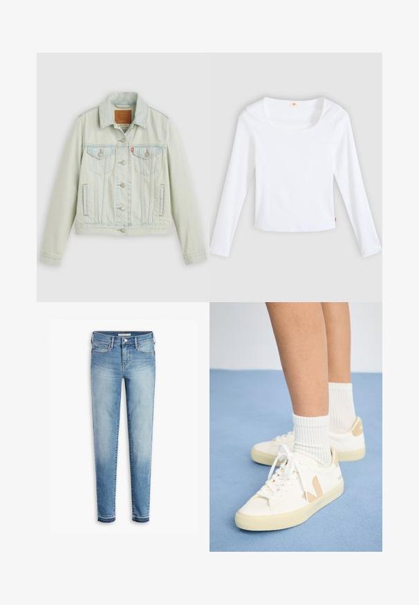 Lyseblå denimjakke med klassisk design, der har brystlommer, metalknapper og et Levi's-mærke. Blød tekstur, struktureret pasform.; Hvid langærmet t-shirt lavet af ribstrikket stof, med firkantet halsudskæring og tætsiddende design, med en lille logotag i siden.; Lyseblå denim jeans med slim fit, fem-lommes design, kontrastsyet og let slidte kanter ved anklerne.; Hvide sneakers med brune detaljer, rund tå og hvide snørebånd. Båret sammen med ribbede hvide strømper, sat mod en lys blå baggrund.