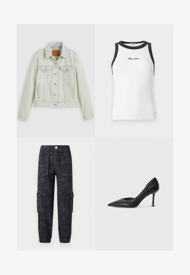 Lyseblå denimjakke med klassisk design, der har brystlommer, metalknapper og et Levi's-mærke. Blød tekstur, struktureret pasform.; Hvid ribbet ærmeløs top med sort kant ved krave og armhuler, "Guess Jeans" broderet i sort på brystet.; Cargo bukser i mørkt camouflage mønster, med elastisk talje, sidelommer og manchetter. Lavet af slidstærkt stof.; Sort læder pumps med spidse tæer og et elegant design, der har en slank hæl og en gylden detalje ved hælbasen. Glat tekstur.