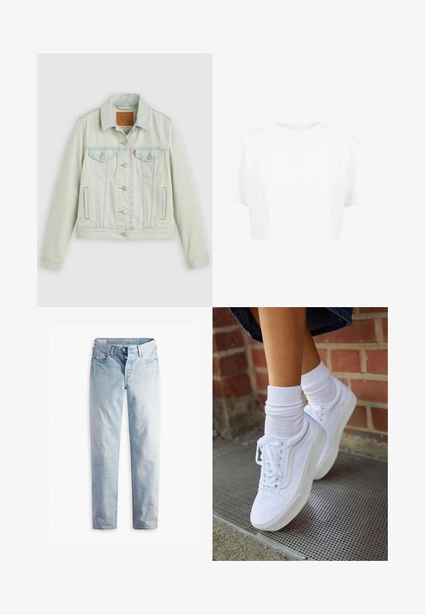 Chaqueta de mezclilla azul claro con un diseño clásico, que presenta bolsillos en el pecho, botones metálicos y una etiqueta de Levi's. Textura suave y ajuste estructurado.; Camiseta blanca corta, de mangas cortas, con cuello redondo, hecha de una tela suave, sin patrones visibles ni herrajes distintivos.; Jeans de mezclilla azul claro con diseño de pierna recta, cinco bolsillos y cierres de botones metálicos en una pretina estándar.; Zapatillas de lona blancas con suelas de goma, que presentan seis ojales, puntera redonda y detalles de costura ligera, combinadas con calcetines blancos hasta el tobillo.
