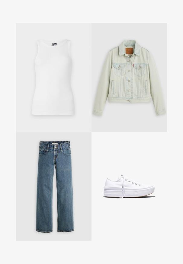 Lichtblauwe spijkerjack met een klassiek ontwerp, voorzien van borstzakken, metalen knopen en een Levi's-label. Zachte textuur, gestructureerde pasvorm.; Witte geribde tanktop met een ronde halslijn en mouwloos design, gemaakt van een zachte katoenmix met een getailleerd silhouet.; Blauwe denim spijkerbroek met een rechte pijp, voorzien van een knoopsluiting, vijf zakken en contrasterende stiksels langs de naden.; Witte lage canvas sneaker met dikke plateauzool, veters aan de voorkant en rubberen toeskap met structuur, zijaanzicht.