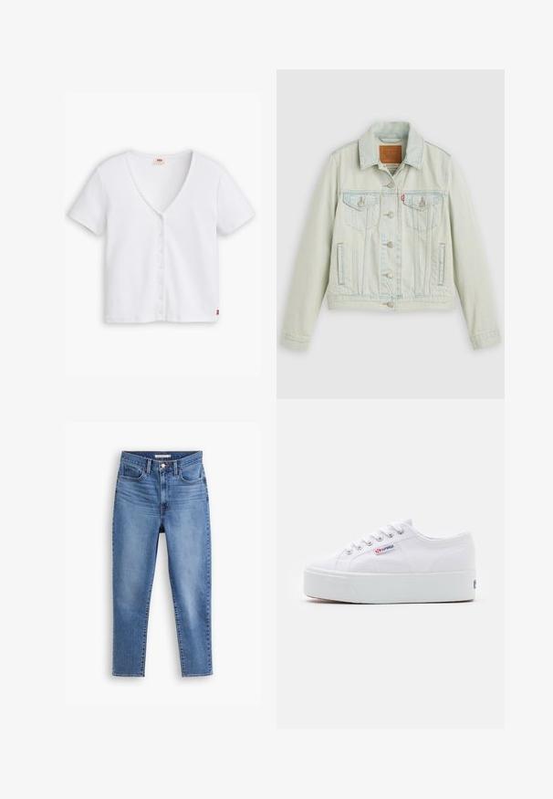 Chaqueta de mezclilla azul claro con un diseño clásico, que presenta bolsillos en el pecho, botones metálicos y una etiqueta de Levi's. Textura suave y ajuste estructurado.; Top blanco de manga corta con cuello en V profundo, que presenta una fila de seis botones en la parte delantera y un pequeño logo rojo en el dobladillo.; Jean de mujer de tiro alto en azul con cierre delantero de botones y cremallera, con trabillas para cinturón y diseño de cinco bolsillos, plano sobre fondo blanco.; Zapatilla de lona blanca con una gruesa suela de plataforma blanca, punta redonda y ojales de metal para los cordones. Logotipo de la marca mostrado en el lateral.