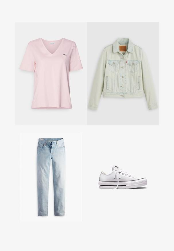 Lichtblauwe spijkerjack met een klassiek ontwerp, voorzien van borstzakken, metalen knopen en een Levi's-label. Zachte textuur, gestructureerde pasvorm.; Lichtroze katoenen t-shirt met een v-hals en korte mouwen, voorzien van een klein groen geborduurd krokodillogo op de linkerborst.; Lichtblauwe spijkerbroek met een rechte pijp, vijf zakken en metalen knoopsluitingen op een standaard tailleband.; Wit lage canvas sneaker met witte veters, rubberen zool, zwarte streepdetails en logopatch op de tong en hiel.
