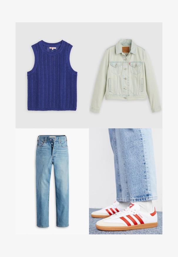 Lyseblå denimjakke med klassisk design, der har brystlommer, metalknapper og et Levi's-mærke. Blød tekstur, struktureret pasform.; Strikket ærmeløs top i livlig lilla, med et struktureret mønster, rund halsudskæring og ribbede kanter.; Lyseblå denimjeans med knappelukning, lige ben, fem lommer og subtil falming. Kobbernitter og syningsdetaljer er synlige.; Hvide lædersneakers med røde striber og accenter. Har en tekstureret gummisål og polstret krave. Bæres med lyseblå denim.