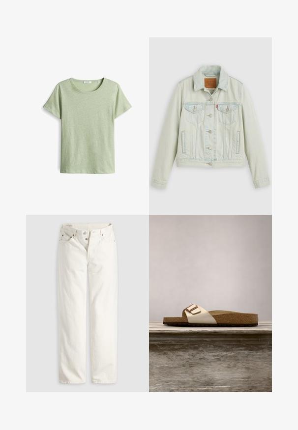 Lichtblauwe spijkerjack met een klassiek ontwerp, voorzien van borstzakken, metalen knopen en een Levi's-label. Zachte textuur, gestructureerde pasvorm.; Groen T-shirt met korte mouwen van een gestructureerde stof, met een ronde halslijn en rechte snit. Eenvoudig ontwerp zonder extra patronen.; Witte rechte jeans met hoge taille, knoopsluiting, voor- en achterzakken, en zichtbare koperen klinknagels op de hoeken van de zakken.; Slide-sandaal met een lichte metallic bovenkant, kurken voetbed en een gestructureerde bruine rubberen zool. Gespdetail met logo-accent.