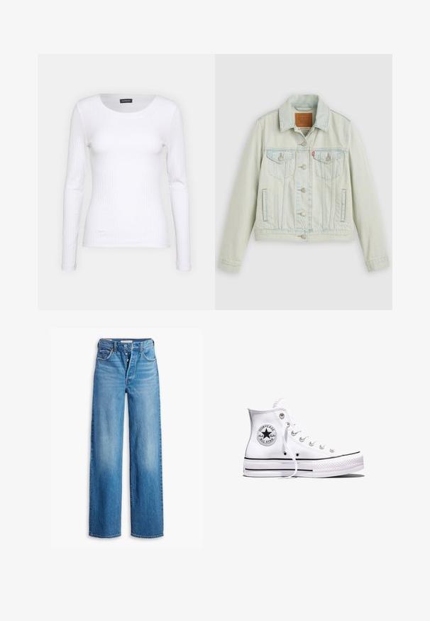 Chaqueta de mezclilla azul claro con un diseño clásico, que presenta bolsillos en el pecho, botones metálicos y una etiqueta de Levi's. Textura suave y ajuste estructurado.; Top de manga larga blanco con cuello redondo. Fabricado en una tela elástica que se ajusta al cuerpo. Presenta sutiles líneas horizontales.; Vaqueros de mezclilla azul con una cintura alta, diseño de pierna ancha y estilo de cinco bolsillos. Presenta una cremallera de botón y un acabado deslavado.; Zapatilla Converse Chuck Taylor All Star blanca de caña alta con rayas negras y parche de logo en el lateral, mostrada sobre un fondo blanco liso.
