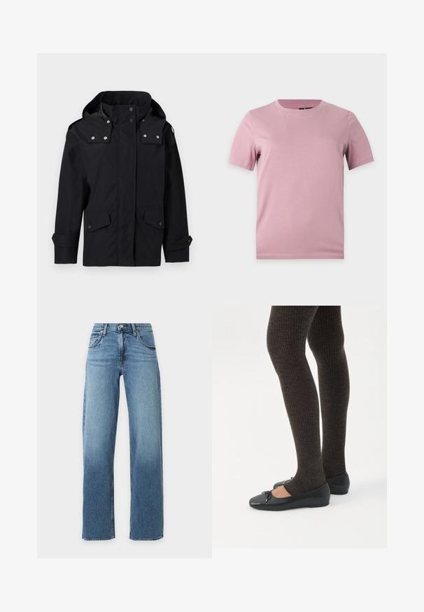 Veste imperméable noire à capuche avec boutons-pression à l'avant, poches à rabat et pattes de manche ajustables sur un fond gris clair.; T-shirt uni en coton rose pâle à manches courtes avec col rond, présenté sur un fond plat gris clair.; Jean bleu taille haute à jambes droites avec poches avant, passants de ceinture, et fermeture par bouton et fermeture éclair.; Jambes portant des leggings côtelés foncés associés à des ballerines noires avec de petits détails en nœud sur fond blanc.