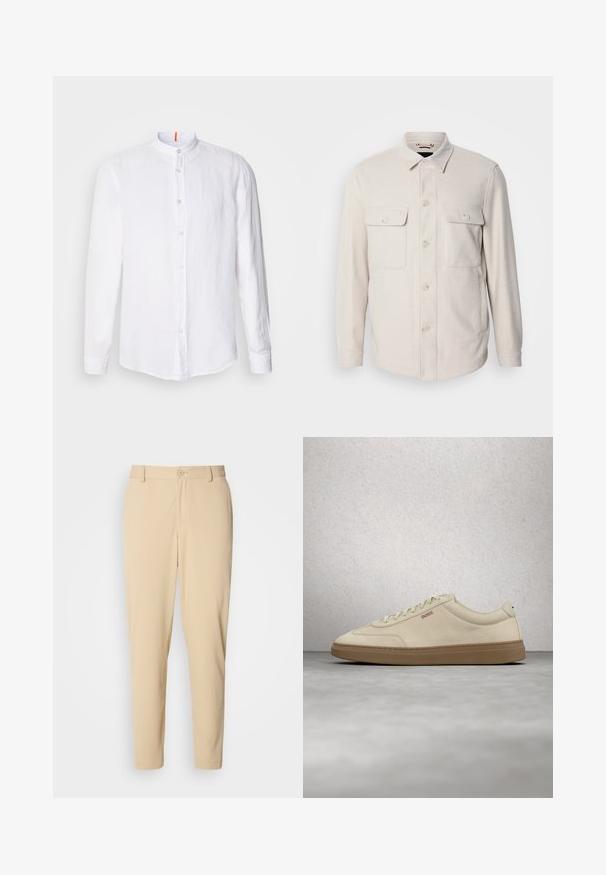 Lys beige knap-op skjorte med lange ærmer, to brystlommer og krave, lavet af blødt stof med en subtil tekstur.; Hvid linnedskjorte med mandarin-krave, frontknaplukning, lange ærmer og en subtil tekstur. Markant orange accent på kraven.; Beige bukser med struktur i slim fit, med knaplukning foran, bæltestropper og sidelommer. Glat stoffinish.; Lyse beige ruskindssneaker med gummisål i farven gum, tydelige snørebånd og fine syningsdetaljer. Ren design med et minimalistisk æstetisk udtryk.