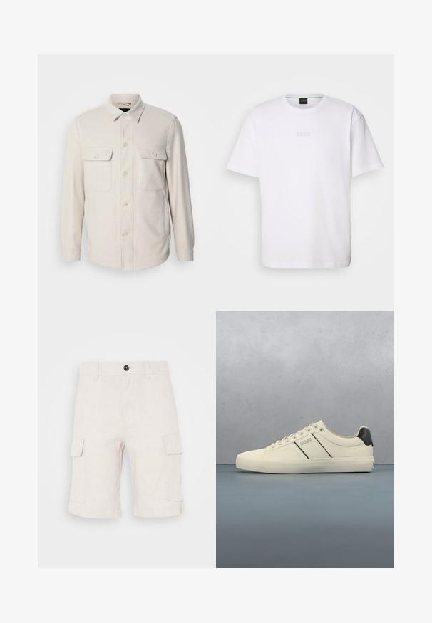 Lys beige knap-op skjorte med lange ærmer, to brystlommer og krave, lavet af blødt stof med en subtil tekstur.; Hvid bomulds T-shirt med korte ærmer, rund halsudskæring og præget "BOSS" logo på brystet. Glat tekstur, standard pasform.; Beige cargo shorts lavet af letvægtsstof, med to sidelommer og en foldet nederkant. Knaplukning i taljen.; Cremefarvede sneakers med en glat tekstur, der har sorte accenter og branding. Klassisk snørebåndsdesign med rund tå og gummisål.
