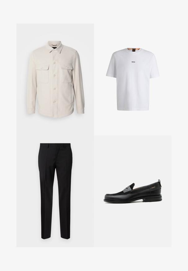 Lys beige knap-op skjorte med lange ærmer, to brystlommer og krave, lavet af blødt stof med en subtil tekstur.; Hvid bomuld T-shirt med korte ærmer, med et sort "BOSS" logo centreret på brystet og en rund halsudskæring.; Sorte skræddersyede bukser lavet af glat stof, med lige ben, raffinerede folder og en klassisk talje med bæltestropper.; Sort læderloafer med grå remdetalje, lav hæl og tekstureret sål, mærket med "HUGO" i guld på siden.
