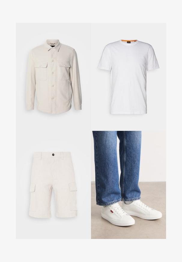 Lys beige knap-op skjorte med lange ærmer, to brystlommer og krave, lavet af blødt stof med en subtil tekstur.; Hvid bomulds T-shirt med rund hals, korte ærmer og et subtilt præget logo på brystet. Indvendigt mærke har en orange detalje.; Beige cargo shorts lavet af letvægtsstof, med to sidelommer og en foldet nederkant. Knaplukning i taljen.; Hvide sneakers med en glat overflade, rund tå og flad sål. Accompaneret af blå denim jeans med en lige pasform og synlige sømme.