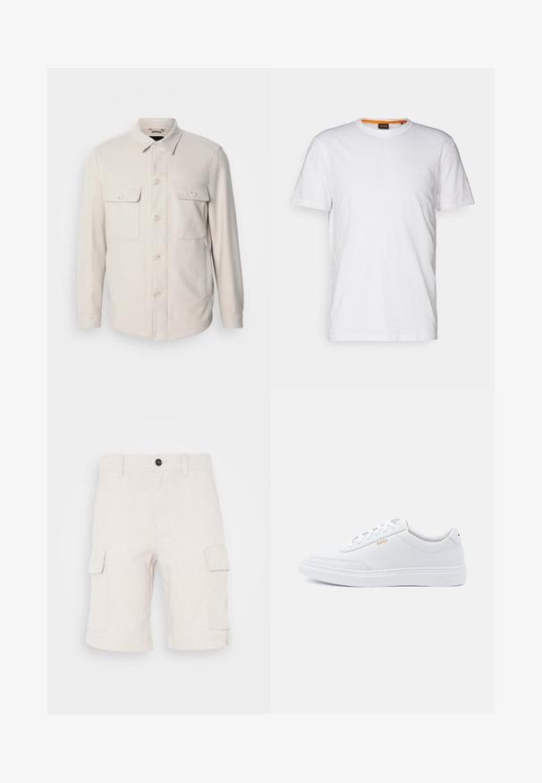 Lys beige knap-op skjorte med lange ærmer, to brystlommer og krave, lavet af blødt stof med en subtil tekstur.; Hvid bomulds T-shirt med rund hals, korte ærmer og et subtilt præget logo på brystet. Indvendigt mærke har en orange detalje.; Beige cargo shorts lavet af letvægtsstof, med to sidelommer og en foldet nederkant. Knaplukning i taljen.; Hvide lædersneakers med glat tekstur, rund tå og ton-i-ton syning. Har blå snørebånd og et gult logo på siden.