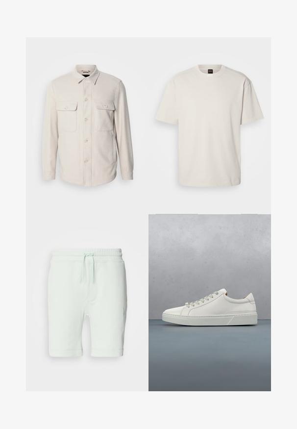 Lys beige knap-op skjorte med lange ærmer, to brystlommer og krave, lavet af blødt stof med en subtil tekstur.; Kortærmet, crew-neck t-shirt i off-white bomuld med lige snit og minimal branding på kraven. Blød tekstur, uden mønstre.; Lys mintgrønne bomuldsshorts med elastisk talje, justerbar snøre, sidelommer og logo-detalje på højre ben.; Hvid lædersneaker med rund tå, minimalistisk design, grå snørebånd og en tekstureret grå gummisål. Subtile syningsdetaljer er synlige.