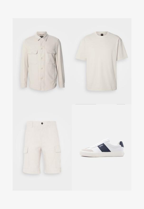 Lys beige knap-op skjorte med lange ærmer, to brystlommer og krave, lavet af blødt stof med en subtil tekstur.; Kortærmet, crew-neck t-shirt i off-white bomuld med lige snit og minimal branding på kraven. Blød tekstur, uden mønstre.; Beige cargo shorts lavet af letvægtsstof, med to sidelommer og en foldet nederkant. Knaplukning i taljen.; Hvid sneakers med lav top med navyblå side stribe, "BOSS" logo, beige tåbeskytter og hvid sål, vist i profil på en lys baggrund.