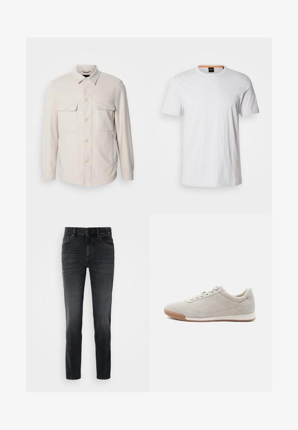 Lys beige knap-op skjorte med lange ærmer, to brystlommer og krave, lavet af blødt stof med en subtil tekstur.; Hvid kortærmet t-shirt lavet af blødt bomuld, med rund halsudskæring og subtil logo-detalje i matchende hvid på fronten.; Sorte denimjeans med slim fit, der har en mellemhøj talje, klassisk fem-lomme design og subtle falmning på benene.; Lyse beige ruskindssneaker med hvide snørebånd, gummisål og subtile syningsdetaljer, vist fra venstre side på en hvid baggrund.