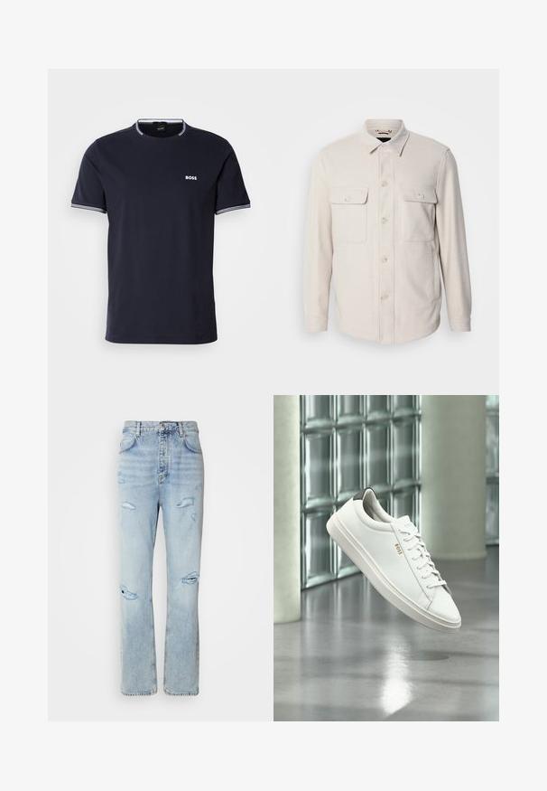 Lys beige knap-op skjorte med lange ærmer, to brystlommer og krave, lavet af blødt stof med en subtil tekstur.; Navyn blå bomulds t-shirt med rund hals, der har hvide stribede detaljer på kraven og ærmerne samt et lille hvidt logo på brystet.; Lysvaskede denimjeans med en afslappet pasform, der har slidte områder og frynsede kanter. Stoffet har en blød, glat tekstur.; Hvid læder lav-top sneaker med snørebånd, sort hælflig og "BOSS"-logo, svævende indendørs nær glasblok væg og poleret gulv.