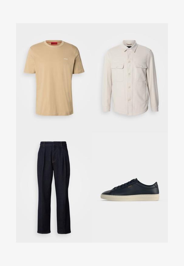 Lys beige knap-op skjorte med lange ærmer, to brystlommer og krave, lavet af blødt stof med en subtil tekstur.; Beige bomulds t-shirt med rund halsudskæring, korte ærmer og et lille hvidt "HUGO" logo på brystet. Glat tekstur uden mønstre.; Mørkeblå vidde denim jeans med frontfældninger og orange syninger, vist på hvid baggrund.; Lavprofileret mørkeblå lædersneaker med cremefarvet gummisål og "BOSS" branding i guld på siden, vist i sidevisning.