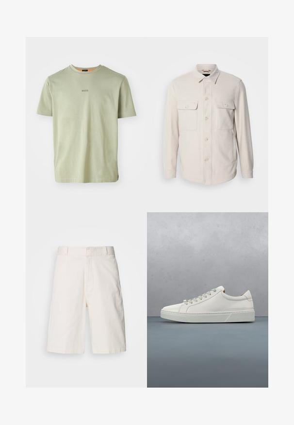 Lys beige knap-op skjorte med lange ærmer, to brystlommer og krave, lavet af blødt stof med en subtil tekstur.; Olivengrøn kortærmet T-shirt lavet af blødt stof, med rund halsudskæring og et lille "BOSS"-logo trykt i midten.; Hvide bomuldsshorts med en afslappet pasform, der har to forlommer, lynlås og en glat tekstur. Renset, enkelt design uden mønstre.; Hvid lædersneaker med rund tå, minimalistisk design, grå snørebånd og en tekstureret grå gummisål. Subtile syningsdetaljer er synlige.