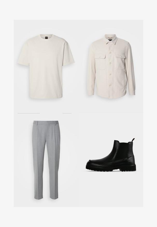 Lys beige knap-op skjorte med lange ærmer, to brystlommer og krave, lavet af blødt stof med en subtil tekstur.; Kortærmet, crew-neck t-shirt i off-white bomuld med lige snit og minimal branding på kraven. Blød tekstur, uden mønstre.; Grå skræddersyede bukser med en glat tekstur, som har en flad front, lige ben og diskrete folder for ekstra detalje.; Sort læderankelstøvle med tekstureret sål, elastiske sidepaneler og træksnor på en lysegrå baggrund.