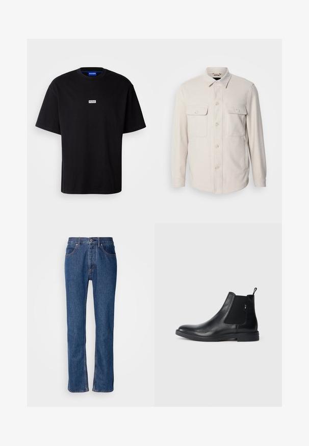Lys beige knap-op skjorte med lange ærmer, to brystlommer og krave, lavet af blødt stof med en subtil tekstur.; Sort bomulds t-shirt med rund hals, korte ærmer og et hvidt rektangulært "HUGO" logo på brystet. Glat overflade, afslappet pasform.; Blå denimjeans med lige snit, fem-lomme-design og lys syning. Har lynlås og knaplukning foran.; Sorte læder Chelsea støvler med elastiske sidepaneler, en pull-tab og en flad gummisål. Glat tekstur med minimal detaljer.