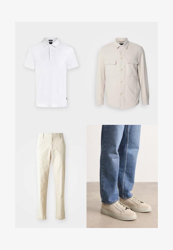 Lys beige knap-op skjorte med lange ærmer, to brystlommer og krave, lavet af blødt stof med en subtil tekstur.; Hvid kortærmet polo med krave og tre knapper, med subtilt "BOSS" logo på brystet og lille mærkat i siden.; Lys beige skræddersyede bukser med et tekstureret mønster, lige pasform og medium høj talje, der har bæltestropper og ingen synlige lommer.; BOSS GARYTENN_SDHDEL - Sneakers - natural ten