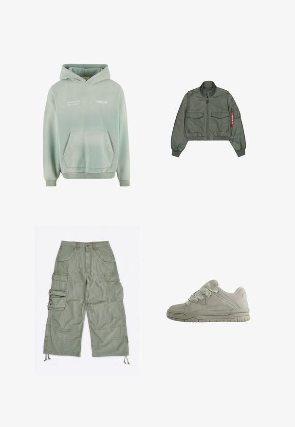 Olivový bomber s hladkým syntetickým materiálom. Má zips vpredu, dve veľké náprsné vrecká a červený úchyt na zips.; Svetlozelená mikina s kapucňou, s vreckom na prednej strane, rebrovanými manžetami a spodným lemom. Na prednej strane sa nachádzajú biele vytlačené nápisy a mäkký, textúrovaný povrch.; Svetlozelené cargo šortky s viacerými klopovými vreckami, pútkami na opasok, zapínaním na gombíky a nastaviteľnými sťahovacími šnúrkami pri otvory na nohaviciach.; Nízkoprofilová sivá teniska s hrubými textúrovanými šnúrkami, polstrovaným golierom, šitými panelmi a ryhovanou gumovou podrážkou pre lepšiu trakciu.