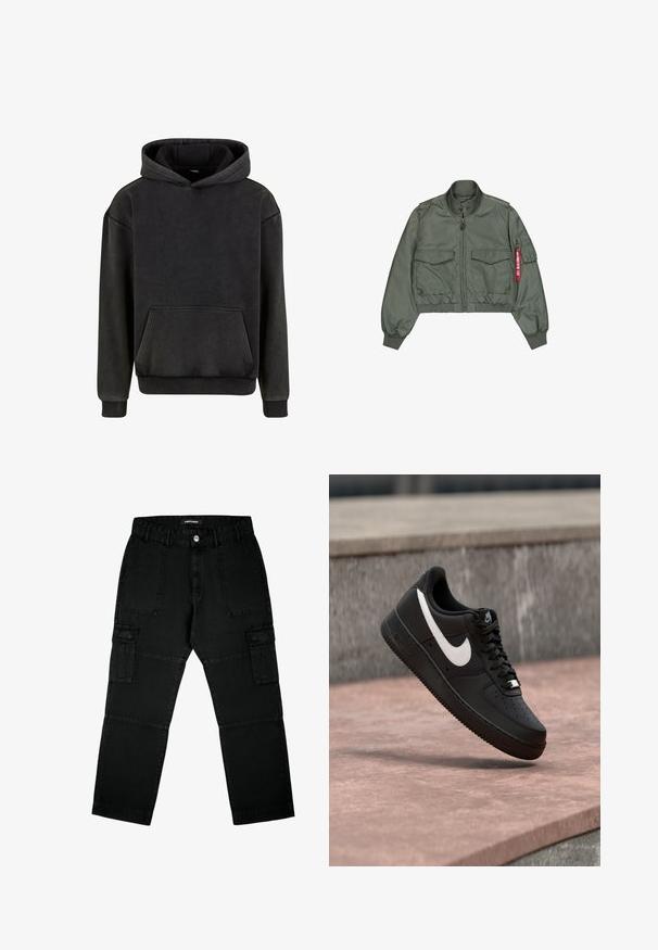 Olijfgroen bomberjack van glad synthetisch materiaal. Heeft een rits aan de voorkant, twee grote borstzakken en een rode ritstrekker.; Urban Classics Hoodie - magnet; Zwarte cargobroek van denim, met meerdere zakken, een rechte pijpdesign en een gestructureerde stof met zichtbare stikdetails.; Zwarte Nike Air Force 1 sneaker met wit swoosh-logo zwevend boven een stenen oppervlak en een grijze, getextureerde muur op de achtergrond.
