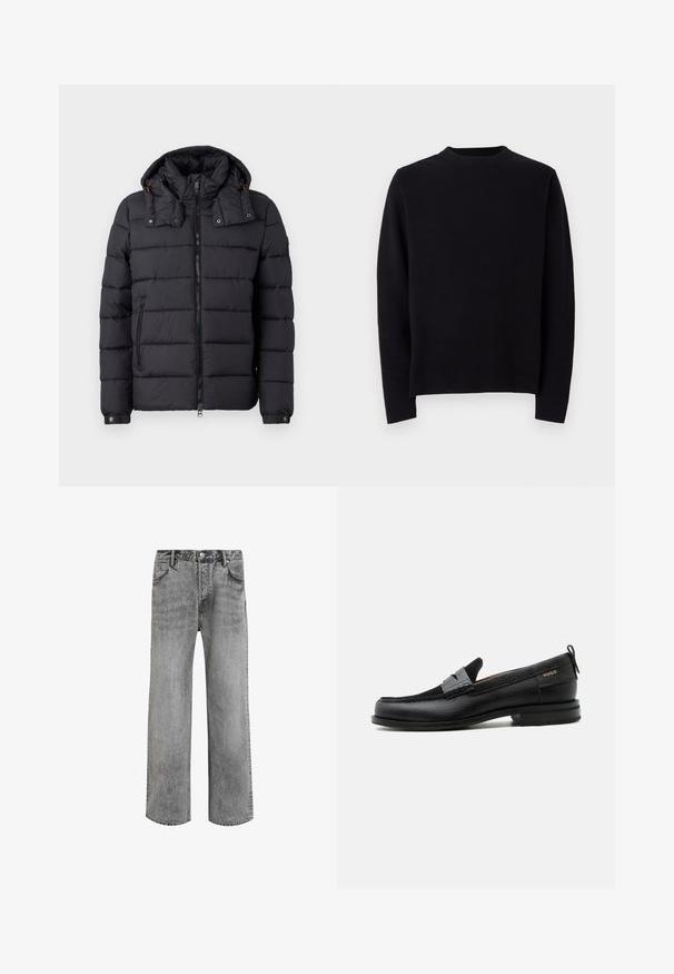 Sort quiltet pufferjakke med aftagelig hætte, fuld frontlynlås, lynlåslomme på siden og knaplukning ved manchetter på en hvid baggrund.; Sort strikket sweater med lange ærmer, rund ribbet halsudskæring og lige pasform. Glat tekstur uden synlige mønstre eller accents.; Grå denimjeans med lige ben, høj talje, fem lommer og en falmet tekstur. Har lynlås med knap og bælteløkker.; Sort læderloafer med grå remdetalje, lav hæl og tekstureret sål, mærket med "HUGO" i guld på siden.