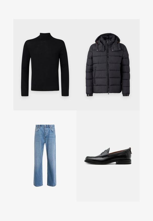 Sort quiltet pufferjakke med aftagelig hætte, fuld frontlynlås, lynlåslomme på siden og knaplukning ved manchetter på en hvid baggrund.; Sort højhalset sweater lavet af blødt stof, med lange ærmer og en tætsiddende silhuet med en lille rund accentdetalje ved halsen.; Lyseblå denim jeans med lige ben-design, fem lommer, knaplukning, minimal falming og kontraststingdetaljer.; Sort læder herre loafer med moc-tå syning, penny strop, struktureret krave og lav stablet hæl på hvid baggrund.