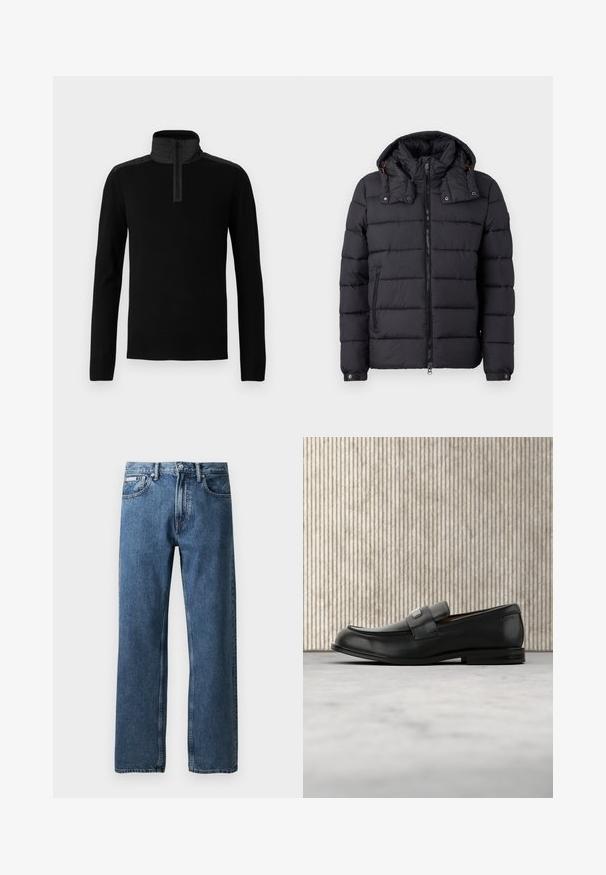 Sort quiltet pufferjakke med aftagelig hætte, fuld frontlynlås, lynlåslomme på siden og knaplukning ved manchetter på en hvid baggrund.; Sort sweater med høj krave og lynlås i kvart længde. Har glat stof og kontrasterende teksturerede skulderpaneler.; Blå lige ben denim jeans med høj talje, knap- og lynlås lukning, forvaskede lommer og et lille hvidt mærke på den højre lomme.; Sort læderloafer med metalbrandskilt hvilende nær et brunt rundt bord på beige tæppe.