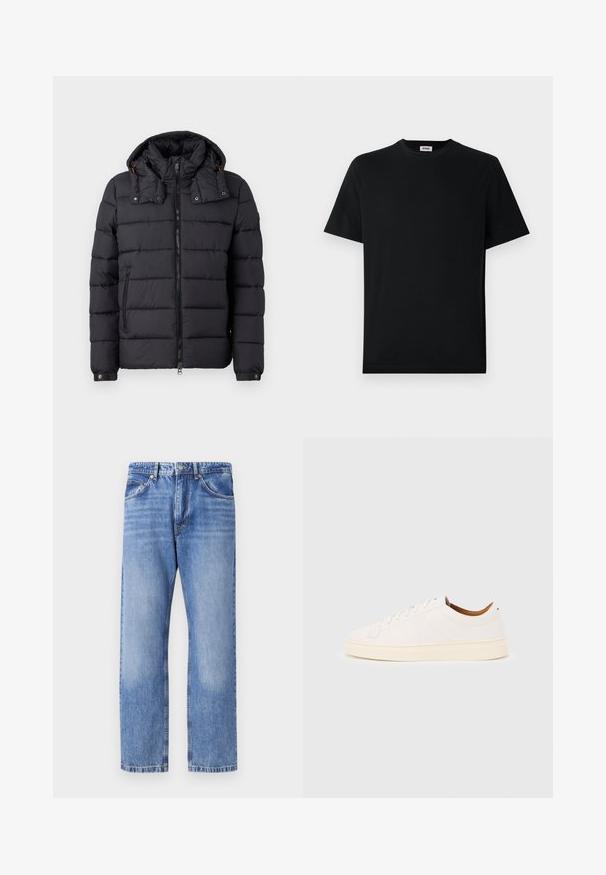Schwarze gesteppte Pufferjacke mit abnehmbarem Kapuzen, durchgehendem Reißverschluss, seitlichem Reißverschluss und Druckknopfmanschetten auf weißem Hintergrund.; Schwarzes T-Shirt mit kurzem Arm und Rundhalsausschnitt, flach auf einem weißen Hintergrund liegend, mit einem kleinen Markenlabel im Kragen.; Hellblaue Jeans aus Denim mit geradem Bein, fünf Taschen, Kontrastnähten und einem leicht verwaschenen Finish. Knopf- und Reißverschluss.; Weißer Sneaker mit niedrigem Schaft und Schnürdesign, minimalen Nähten und einer cremefarbenen Sohle auf hellgrauem Hintergrund.
