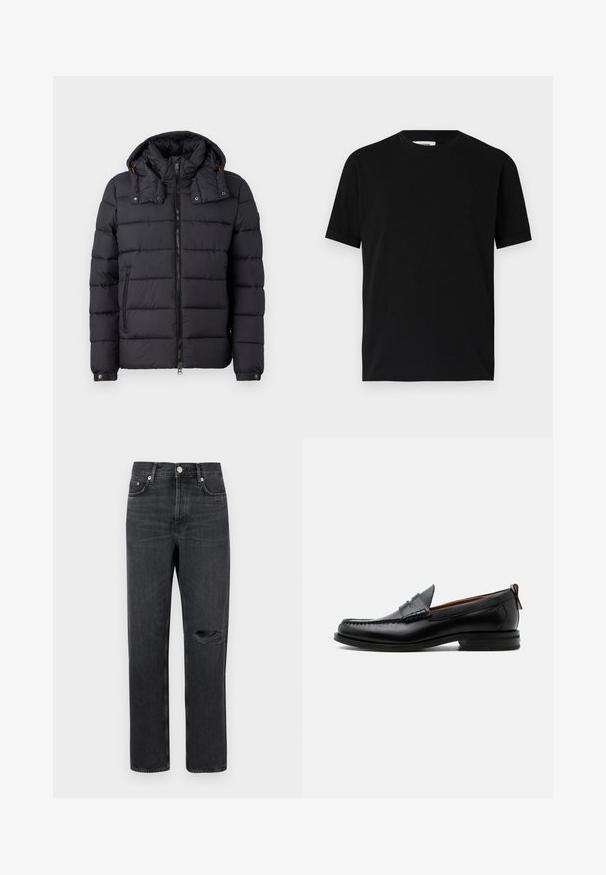 Veste matelassée noire avec capuche détachable, fermeture éclair sur toute la longueur, poche latérale zippée et poignets à pression sur fond blanc.; T-shirt noir à manches courtes en coton avec un col rond et une coupe ample. Texture lisse, sans motifs ni logos visibles.; Jean en denim noir avec jambe droite, présentant un genou déchiré, un design à cinq poches et des accessoires en métal à la taille et aux poches.; Mocassin homme en cuir noir avec couture moc toe, bride penny, col texturé et petit talon empilé sur fond blanc.
