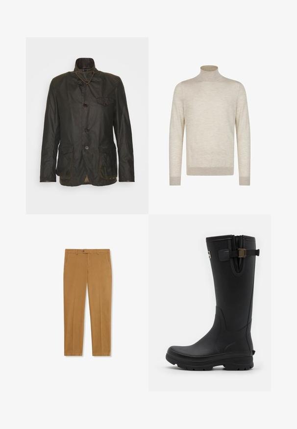 Dunkelgrüne gewachste Baumwolljacke mit hohem Kragen, doppelten Knöpfen, Brusttasche und Karofutter. Verfügt über zwei Fronttaschen.; Hellbeige Langarmrollkragenshirt mit gerippten Bündchen und Saum, vor einem weißen Hintergrund präsentiert.; Hellbraune Baumwollhose mit geradem Schnitt, Gürtelschlaufen, einem vorderen Knopfverschluss und seitlichen Taschen. Glatte Textur und minimale Nähdetails.; Barbour TEMPEST TALL WELLY - Gummistiefel - black