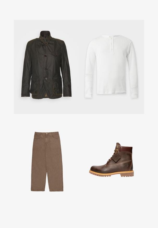 Veste en coton ciré vert foncé avec un col haut, des boutons double boutonnage, une poche poitrine et une doublure à carreaux. Comprend deux poches avant.; T-shirt thermique blanc à manches longues avec col rond et patte de boutonnage à trois boutons, présenté à plat sur fond clair.; Pantalons larges marron en coton, dotés de deux poches avant et d'une fermeture à bouton. Le tissu a une texture douce et une finition mate.; Bottine marron en cuir avec col rembourré, laçage frontal, semelle robuste, et logo Timberland visible sur le côté et sur l'étiquette attachée.