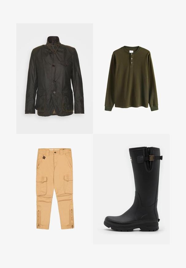 Dunkelgrüne gewachste Baumwolljacke mit hohem Kragen, doppelten Knöpfen, Brusttasche und Karofutter. Verfügt über zwei Fronttaschen.; Langärmliges olivgrünes Waffelstrick-Henley-Shirt mit gerippten Bündchen und drei Knöpfen am Kragen.; Beige Cargohose mit Frontknopf, Gürtelschlaufen, zwei Seitentaschen, zwei Klapp-Cargotaschen und Reißverschlüssen an den unteren Hosenbeinen.; Barbour TEMPEST TALL WELLY - Gummistiefel - black