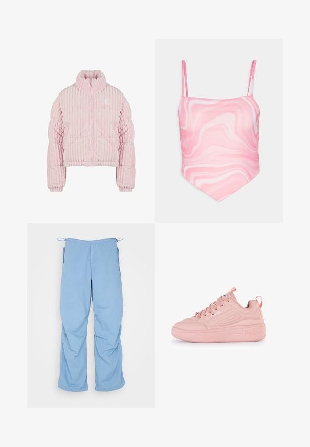 Nafukovacia bunda v svetloružovej farbe, vyrobená z jemného ribkovaného materiálu. Má vysoký golier, zips a malé logo na hrudi.; Neon & Nylon SIGNE STRAP SCARF - Top - sachet pink; Svetlomodré, voľné nohavice z mäkkej tkaniny. Majú šnúrku v páse, dve bočné vrecká a uvoľnený strih s čistým prešívaním.; Ružová teniska so hladkým syntetickým zvrškom, zaobleným špičkovým dizajnom, textúrovanými akcentmi a hrubou platformovou podrážkou. Obsahuje šnúrky a detail loga.