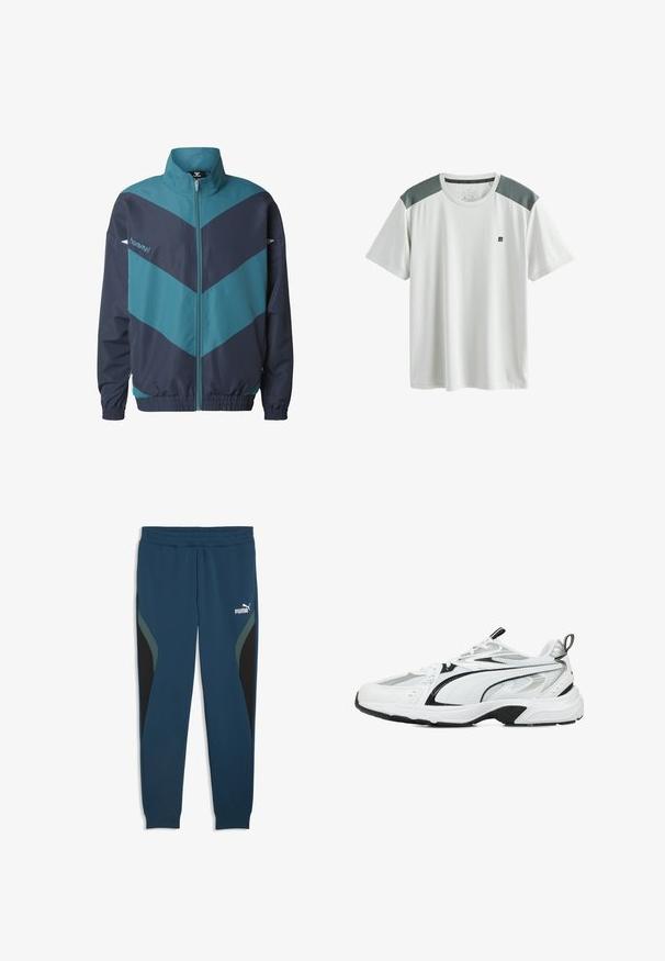 Træningstrøje i blågrøn og marineblå med høj krave, fuld lynlås og chevron-mønster. Fremstillet af glat stof med elastiske manchetter og kant.; Hvid atletisk T-shirt med korte ærmer, grå mesh skulderpaneler og lille sort logo på venstre bryst.; Mørk blågrønne Puma træningsbukser med elastisk linning, sorte og grønne sidepaneler, afsmalnende ben og hvidt Puma-logo på venstre lår.; Hvide atletiske sneakers med sorte og sølvfarvede accenter, meshe- og syntetiske materialer, tekstureret overdel, polstret sål og snørebåndsdesign.