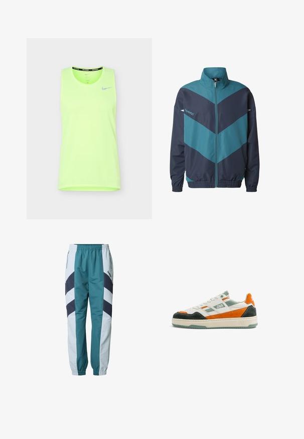 Veste de survêtement bleu sarcelle et marine avec col montant, fermeture éclair intégrale et motif en chevrons. Fabriquée en tissu lisse avec poignets et ourlet élastiques.; Débardeur de course Nike sans manches vert néon vif avec logo swoosh réfléchissant sur la poitrine gauche sur fond blanc.; Pantalon de survêtement bleu sarcelle et gris clair avec motifs en chevron, taille élastique, poches latérales et poignets côtelés aux chevilles.; Baskets blanches avec des accents en daim vert, orange et noir, lacets blancs, logo "CAVAL" sur le côté et semelle beige avec crampons verts.