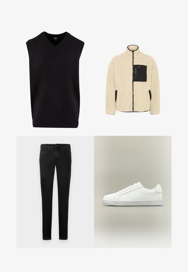 Veste en polaire beige avec fermeture éclair intégrale et finitions noires, poche zippée sur la poitrine et poches latérales à finitions noires, dotée d'un col montant.; Pull noir sans manches avec un col en V, fabriqué dans un matériau doux, présentant un col et un ourlet inférieur côtelés. Design simple et classique.; Jeans en denim noir, coupe slim, design à cinq poches, coutures visibles, fermeture par bouton à l'avant et détail de branding minimaliste sur la poche arrière.; Baskets blanches basses à lacets sur l'avant avec semelle en caoutchouc texturée, sur fond neutre uni.