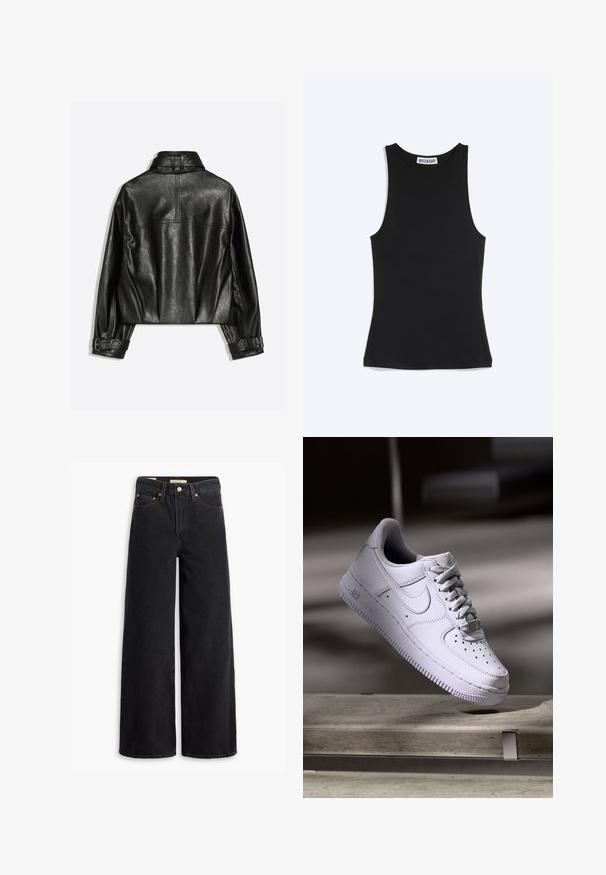 Veste noire en similicuir vue de dos avec un col montant et des sangles à boucle réglables aux poignets sur un fond uni.; Débardeur noir sans manches, cintré, avec encolure ronde et étiquette de la marque Weekday à l'arrière du col, sur fond blanc.; Jean noir à jambe large en denim, comportant cinq poches, des rivets en laiton et une fermeture à bouton classique. Texture lisse avec un design épuré.; Baskets Nike Air Force 1 blanches lévitant au-dessus d'une surface en béton avec des ombres dans un cadre minimaliste.