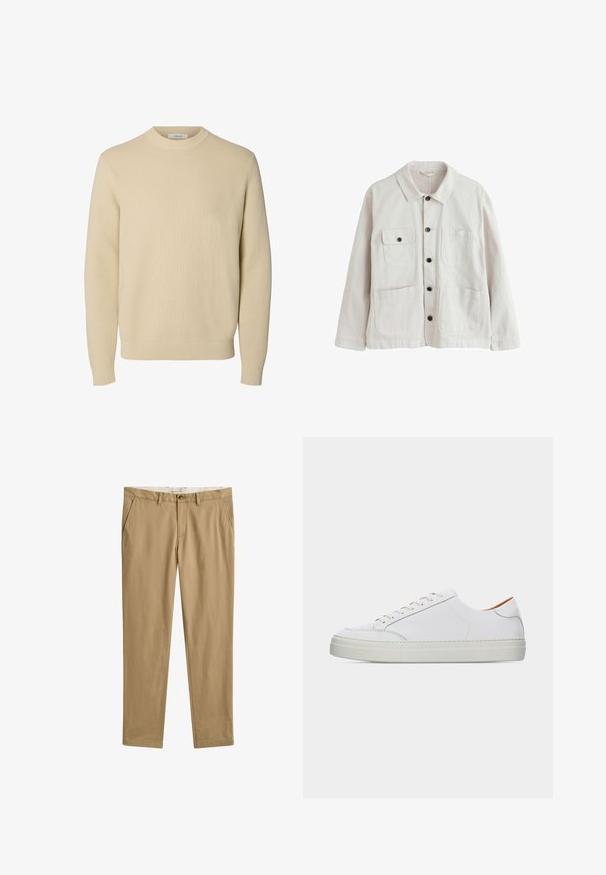 Lyse beige jakke med knapper, krave, to nederste nederlommer og to øverste brystlommer, hvoraf den ene har klap og knap.; Enkel beige crewneck striktrøje med lange ærmer og ribstrikkede manchetter og kant.; Beige afslappede bukser med lige ben, bæltestropper, frontknap og lynlås, samt sidelommer, frontudsigt.; Hvid lavtop lædersneaker med snørelukning, tyk sål og minimal syningsdetalje på en ensartet lys baggrund.
