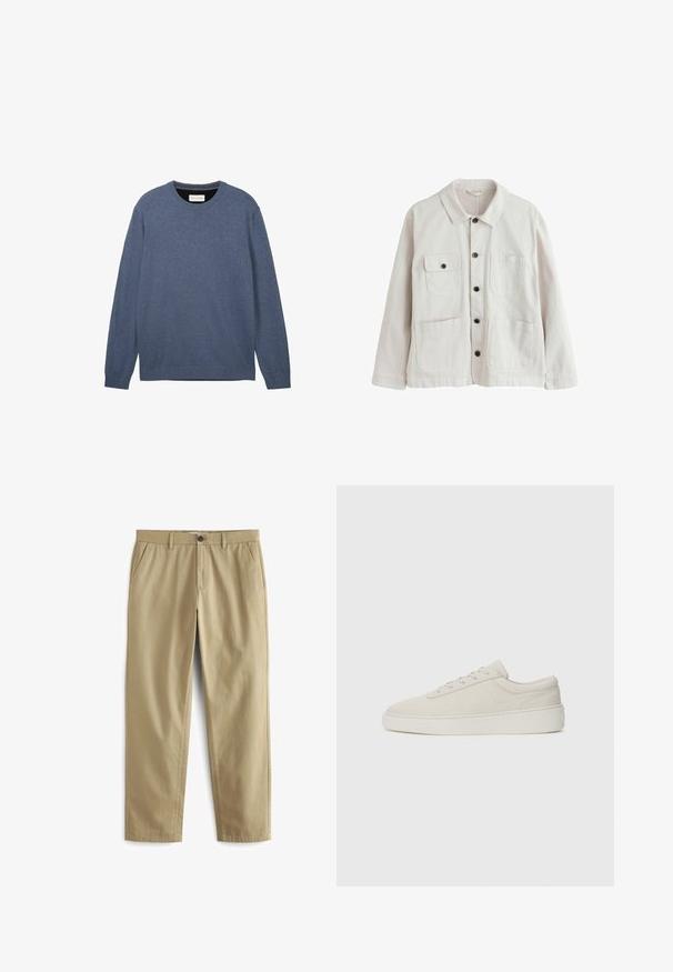 Lyse beige jakke med knapper, krave, to nederste nederlommer og to øverste brystlommer, hvoraf den ene har klap og knap.; Crewneck sweater i mørkeblå, fremstillet af blødt stof med en glat tekstur, der har lange ærmer og ribbede manchetter samt kant.; Beige bukser lavet af en bomuldsblanding, med knaplukning, to forlommer og lige ben med minimal tekstur.; Beige sneakers med en glat ruskindsfinish, rund tå og flad gummisole. Har snørebåndslukning og minimalistisk design med diskret syning.