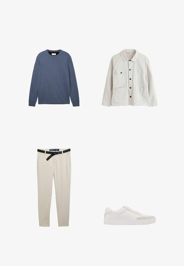 Lyse beige jakke med knapper, krave, to nederste nederlommer og to øverste brystlommer, hvoraf den ene har klap og knap.; Crewneck sweater i mørkeblå, fremstillet af blødt stof med en glat tekstur, der har lange ærmer og ribbede manchetter samt kant.; Beige bukser med slim fit, der har et sort bælte, to forlommer og et struktureret stof. Størrelse 32 x 32.; Hvid lavtop sneaker med snørebånd foran og gummisål, med diskrete syninger og ruskind detalje på tåområdet.