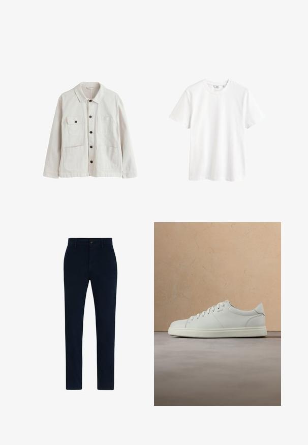 Chaqueta beige claro con botones, con cuello, dos bolsillos parcheados inferiores y dos bolsillos superiores en el pecho, uno con solapa y botón.; Camiseta blanca lisa de manga corta con cuello redondo y una pequeña etiqueta de marca en el interior del cuello.; Chinos azul marino hechos de una tela suave y duradera. Presentan un cierre de botón, lazos para cinturón y un diseño de pierna recta. Sin patrones visibles.; Zapatilla deportiva de cuero blanco con textura suave, puntera redonda y cordones planos. Presenta un logo sutil y una suela ligera.