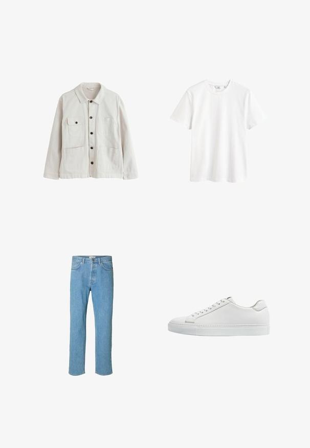 Lichtbeige jas met knopen, een kraag, twee lagere opgestikte zakken en twee hoge borstzakken, waarvan één met klep en knoop.; Effen witte T-shirt met korte mouwen en een ronde hals, met een klein merkje in de kraag.; Lichtblauwe denim jeans met een recht gesneden ontwerp. Kenmerken zijn een knoopsluiting, vijf zakken en gestikte details langs de naden.; Witte leren sneakers met een gladde afwerking, ronde neus, platte witte rubberen zool en witte veters. Minimalistisch ontwerp met subtiele stiksels.