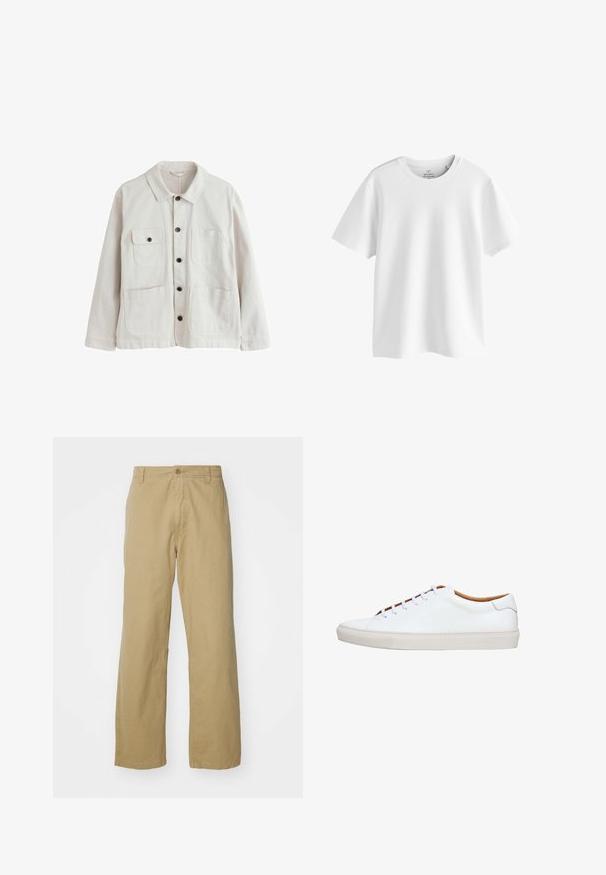 Lyse beige jakke med knapper, krave, to nederste nederlommer og to øverste brystlommer, hvoraf den ene har klap og knap.; Almindelig hvid t-shirt med korte ærmer og rund hals samt almindelig pasform, vist på hvid baggrund.; Khaki bomuldsbukser med lige ben, der har en frontknaplukning og sidelommer. Glat, robust tekstur.; Hvid lædersneaker med en tekstureret gummisål, rund tå og kontrasterende tanfarvet inderside. Har fem snørehuller og hvide snørebånd.