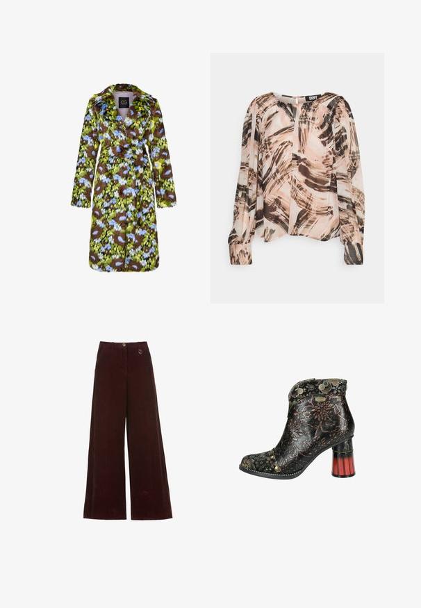 Nepvachtjas in een kleurrijk bloemenpatroon in groen, blauw en bruin. Opvallende details zijn de riem taille en lange mouwen.; DKNY PEASANT BLOUSE - Blouse - ivory/gold sand; Wijdvallende bordeauxrode corduroy broek met knoop- en ritssluiting, voorzien van een klein rond gouden bedel op de tailleband.; Zwarte leren enkelboot met bloemmotief, open teen, decoratieve studs en een rode houten blokhak. Heeft een decoratieve karakteristieke bovenkant.